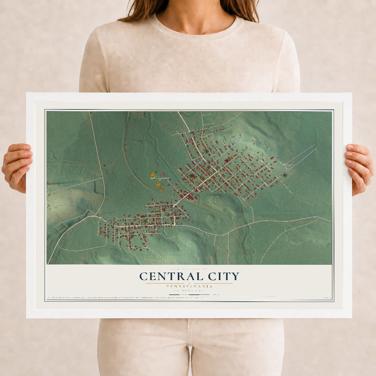 Map of Central City, Pennsylvania, 12 x 18 inch print in a white wood frame