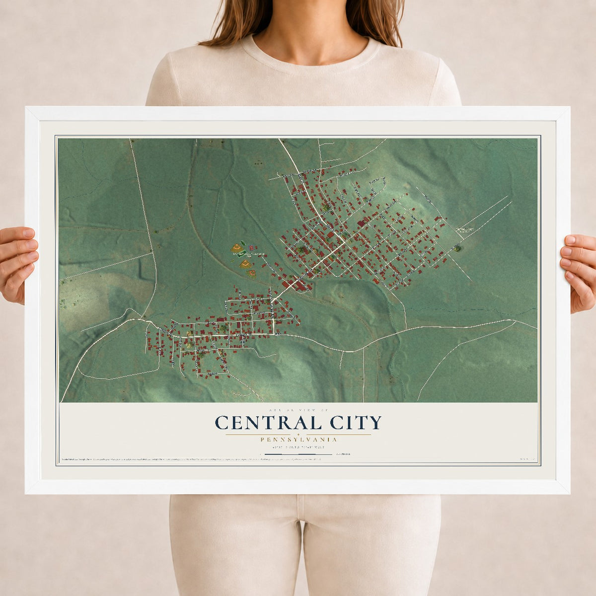 Map of Central City, Pennsylvania, 18 x 24 inch print in a white wood frame