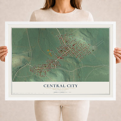 Map of Central City, Pennsylvania, 18 x 24 inch print in a white wood frame