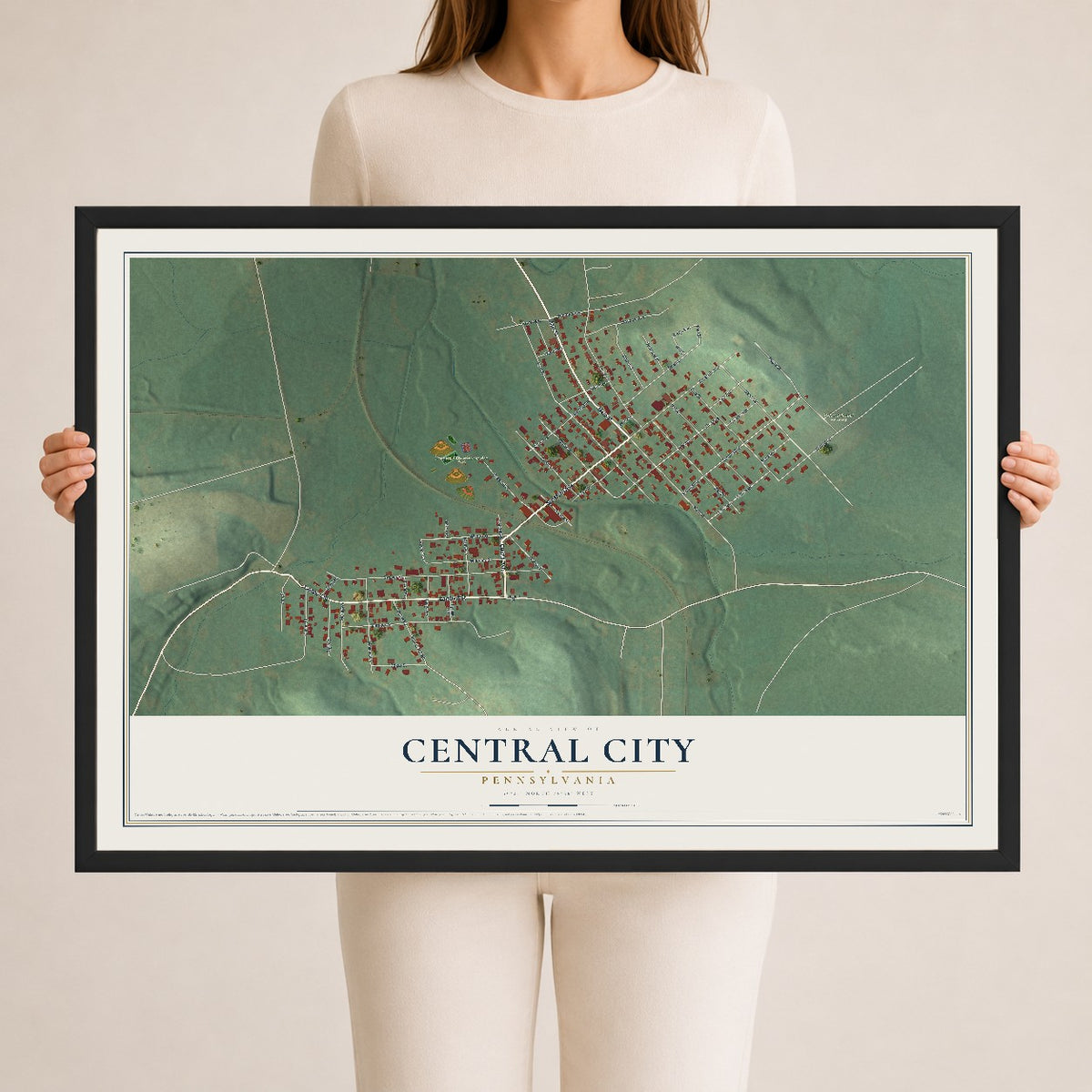 Map of Central City, Pennsylvania, 24 x 36 inch print in a black wood frame