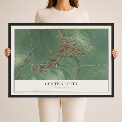 Map of Central City, Pennsylvania, 24 x 36 inch print in a black wood frame