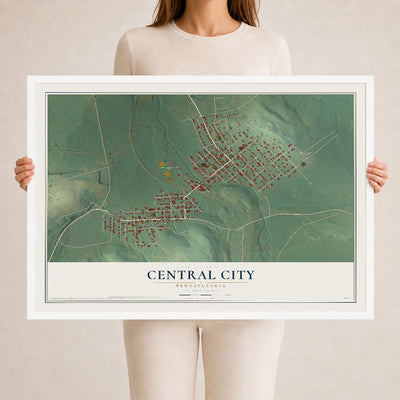 Map of Central City, Pennsylvania, 24 x 36 inch print in a white wood frame