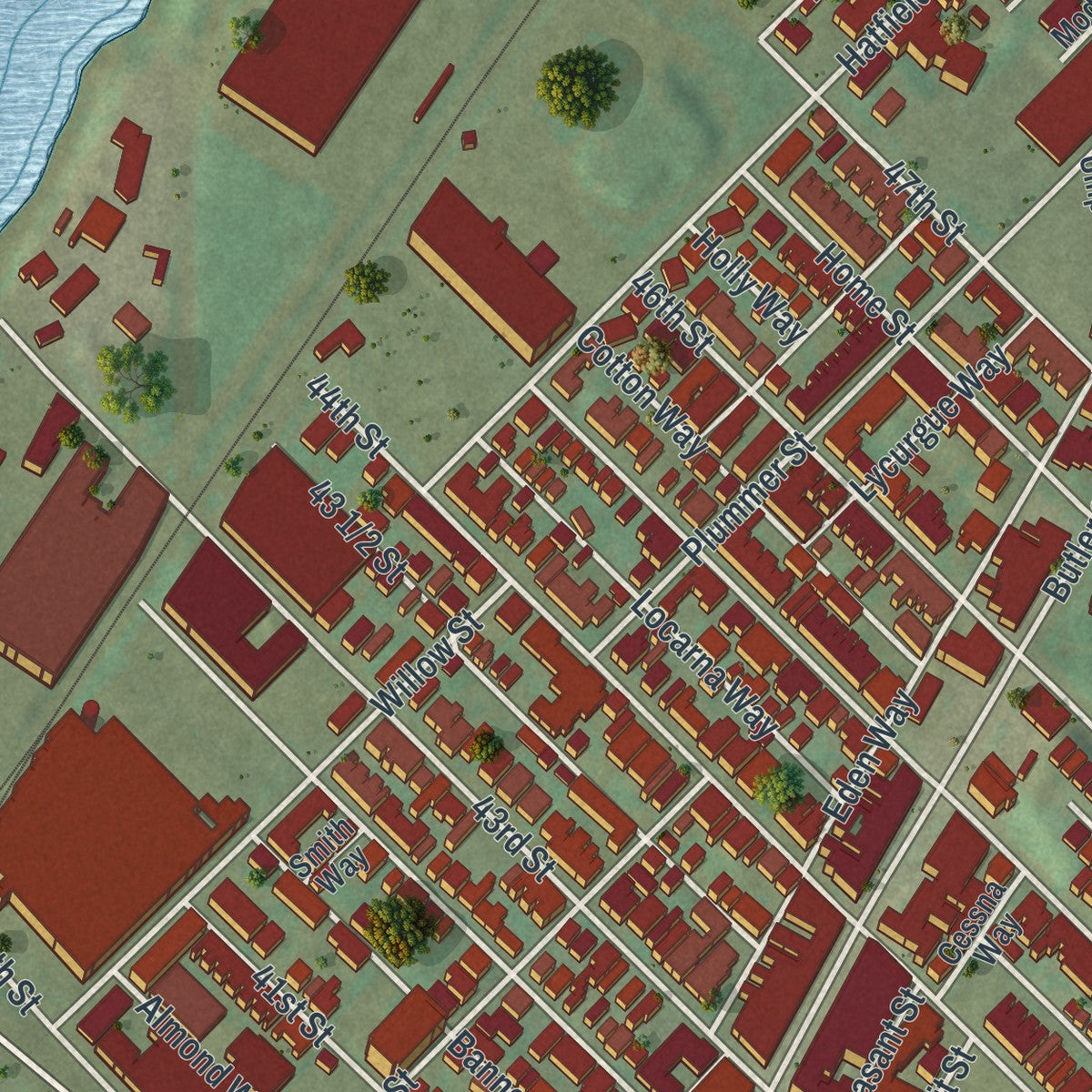 Close-up of the map of Central Lawrenceville, Pennsylvania print showing street and building detail