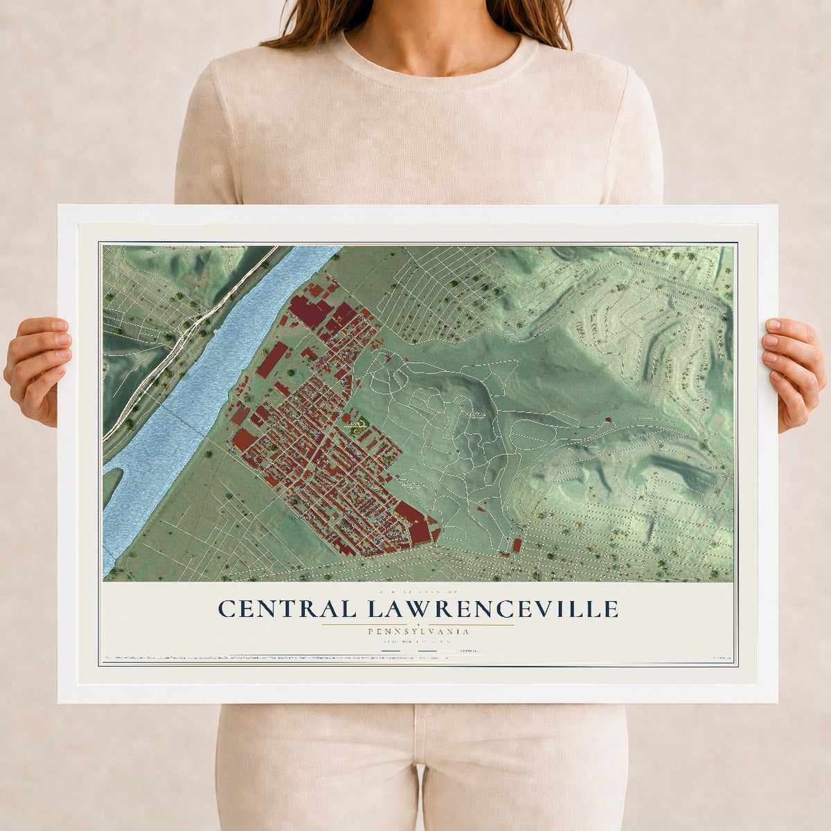 Map of Central Lawrenceville, Pennsylvania, 12 x 18 inch print in a white wood frame
