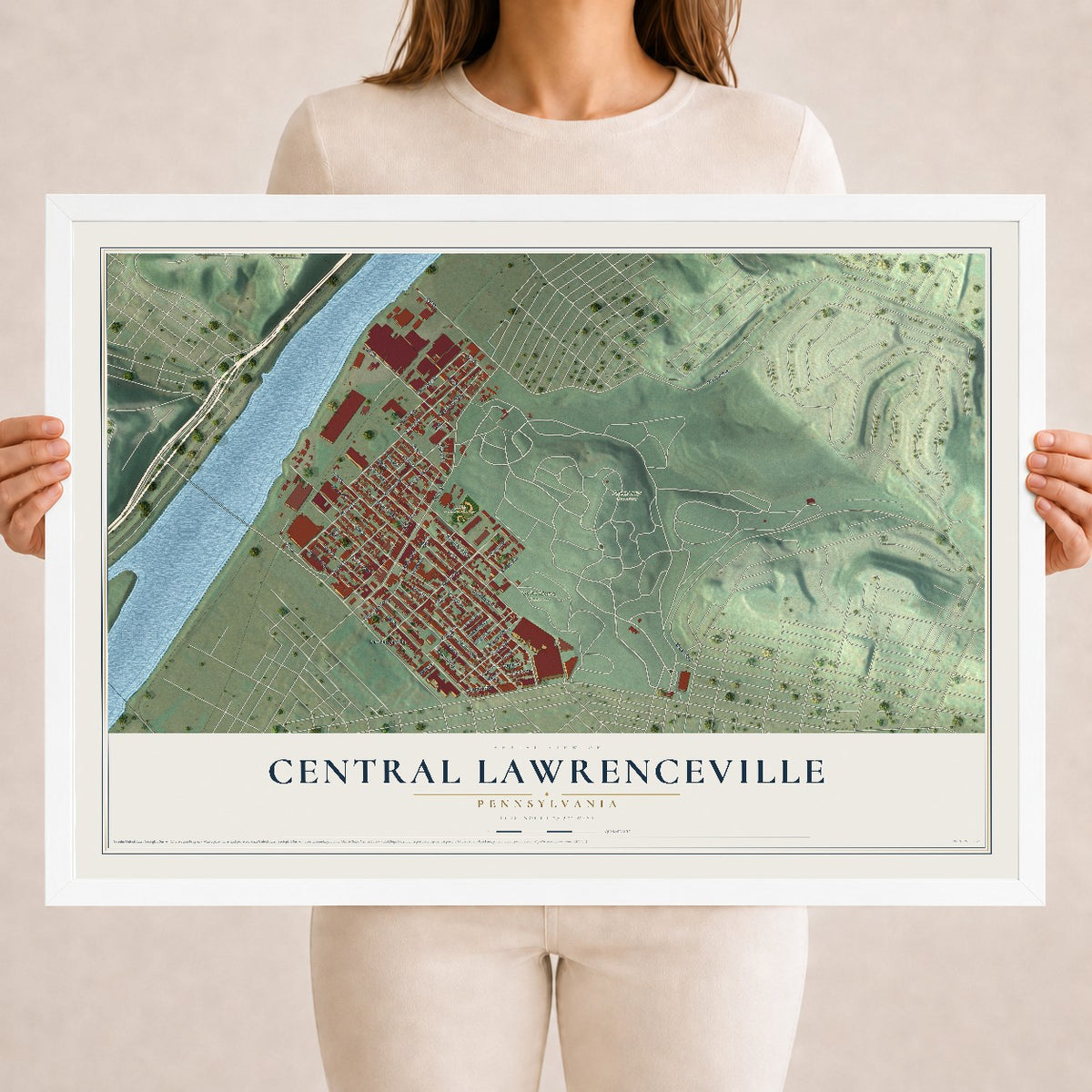 Map of Central Lawrenceville, Pennsylvania, 18 x 24 inch print in a white wood frame