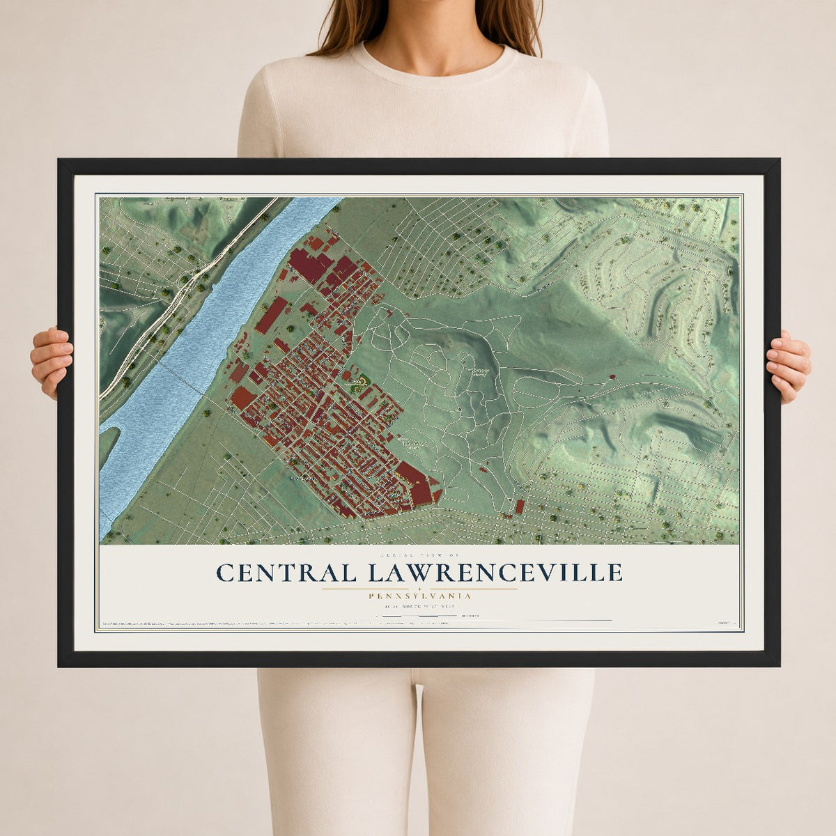 Map of Central Lawrenceville, Pennsylvania, 24 x 36 inch print in a black wood frame