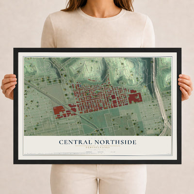Map of Central Northside, Pennsylvania, 12 x 18 inch print in a black wood frame