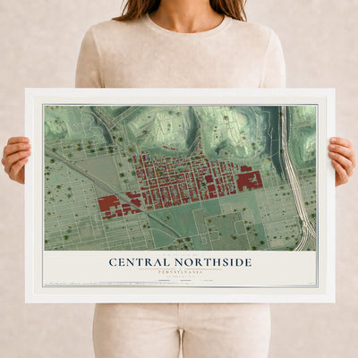 Map of Central Northside, Pennsylvania, 12 x 18 inch print in a white wood frame
