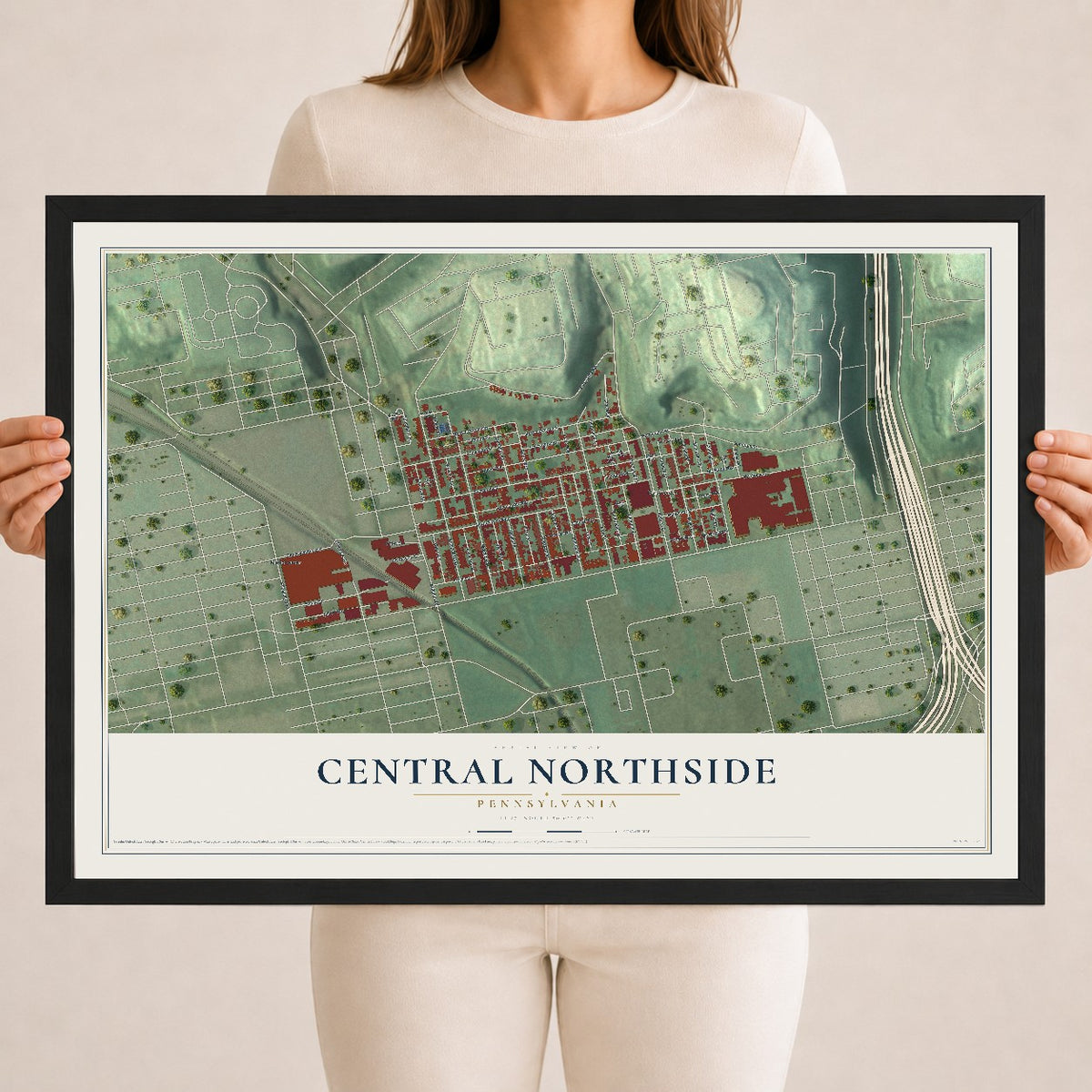 Map of Central Northside, Pennsylvania, 18 x 24 inch print in a black wood frame