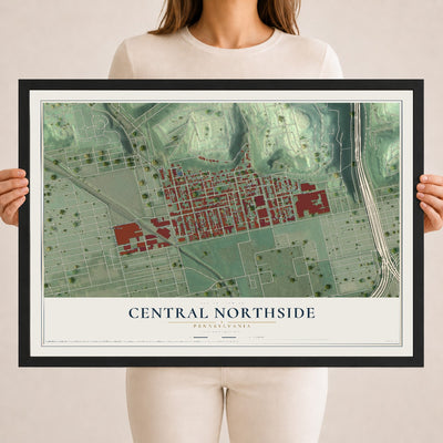 Map of Central Northside, Pennsylvania, 18 x 24 inch print in a black wood frame
