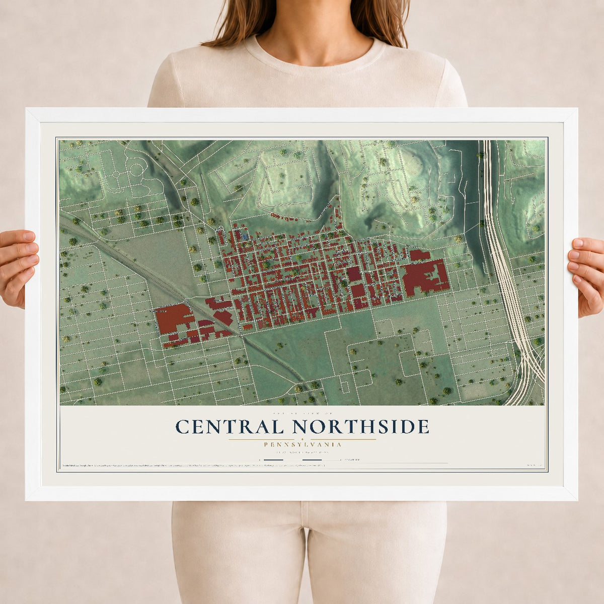 Map of Central Northside, Pennsylvania, 18 x 24 inch print in a white wood frame