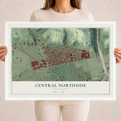 Map of Central Northside, Pennsylvania, 18 x 24 inch print in a white wood frame