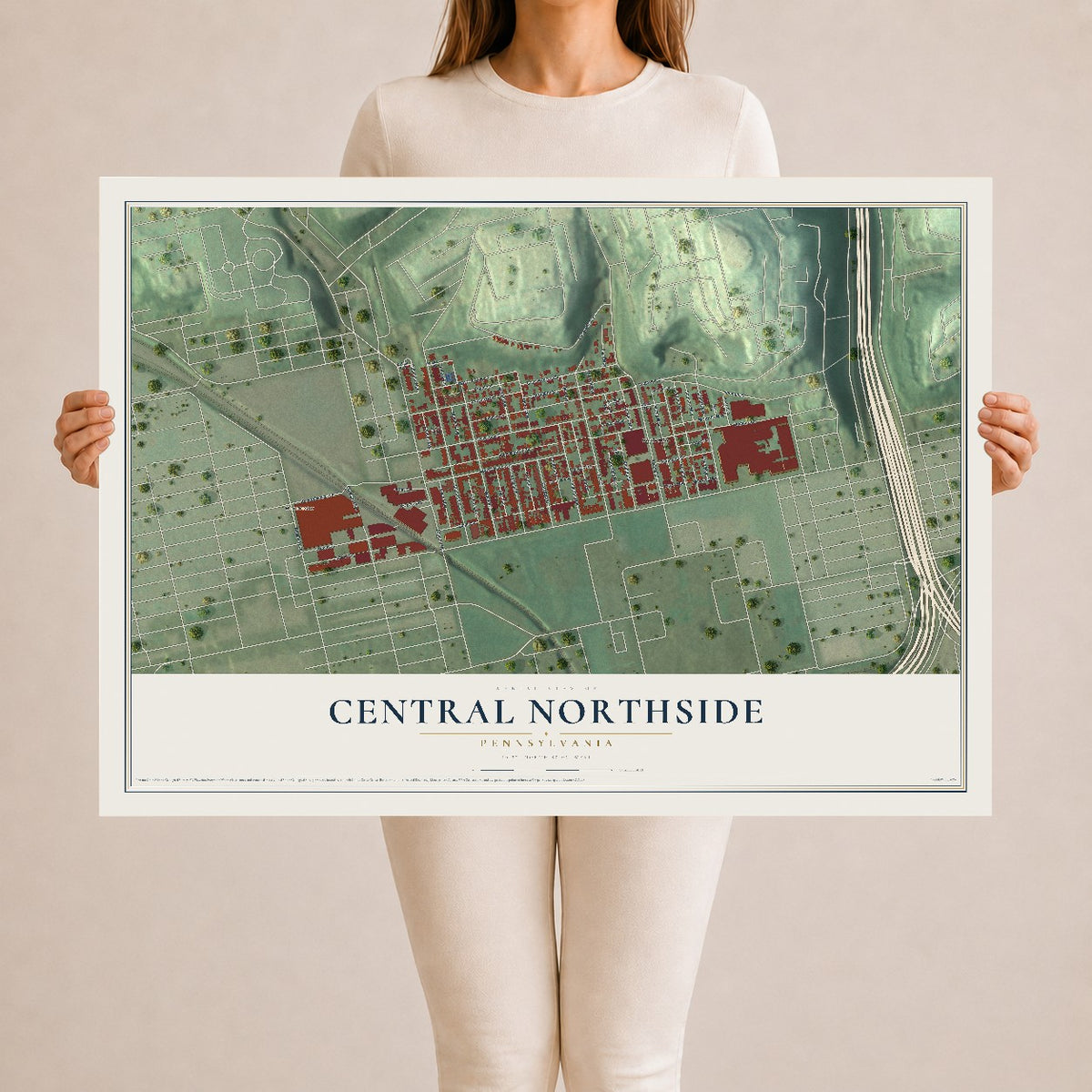 Map of Central Northside, Pennsylvania, 24 x 36 inch unframed archival matte print