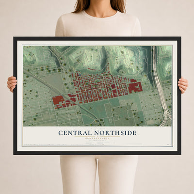 Map of Central Northside, Pennsylvania, 24 x 36 inch print in a black wood frame