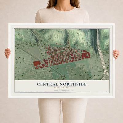 Map of Central Northside, Pennsylvania, 24 x 36 inch print in a white wood frame