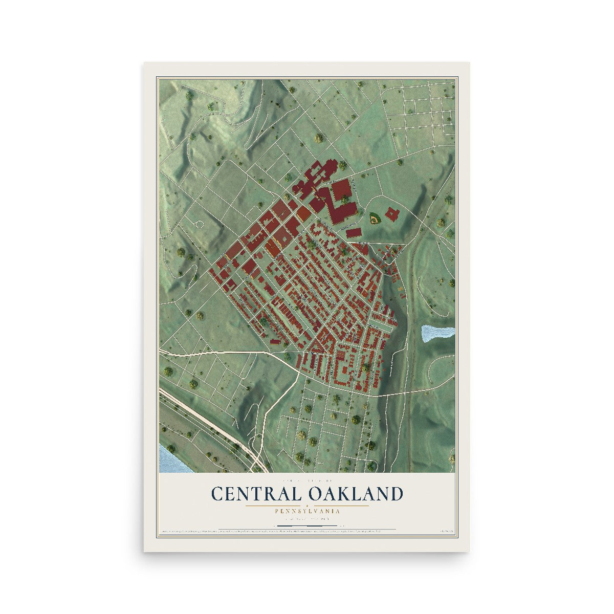 Map of Central Oakland, Pennsylvania, 12 x 18 inch unframed archival matte print