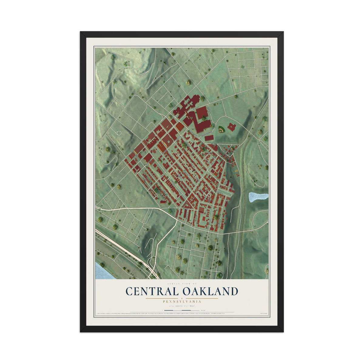 Map of Central Oakland, Pennsylvania, 12 x 18 inch print in a black wood frame