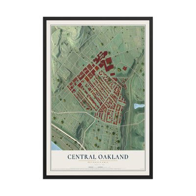 Map of Central Oakland, Pennsylvania, 12 x 18 inch print in a black wood frame