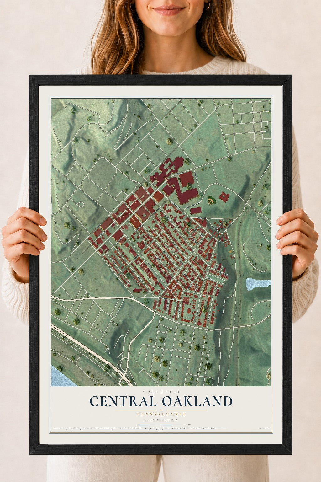 Map of Central Oakland, Pennsylvania, 18 x 24 inch print in a black wood frame