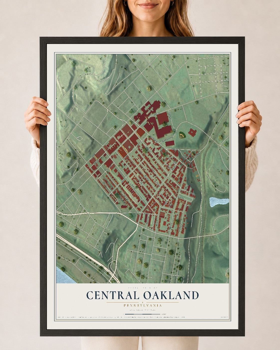Map of Central Oakland, Pennsylvania, 24 x 36 inch print in a black wood frame