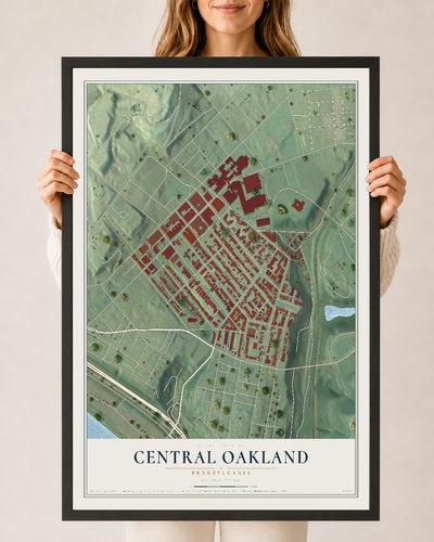 Map of Central Oakland, Pennsylvania, 24 x 36 inch print in a black wood frame