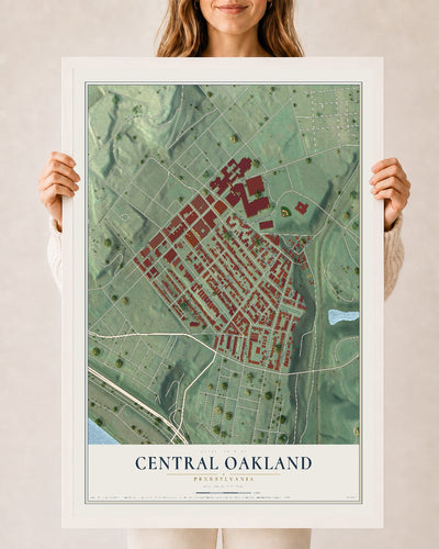 Map of Central Oakland, Pennsylvania, 24 x 36 inch print in a white wood frame