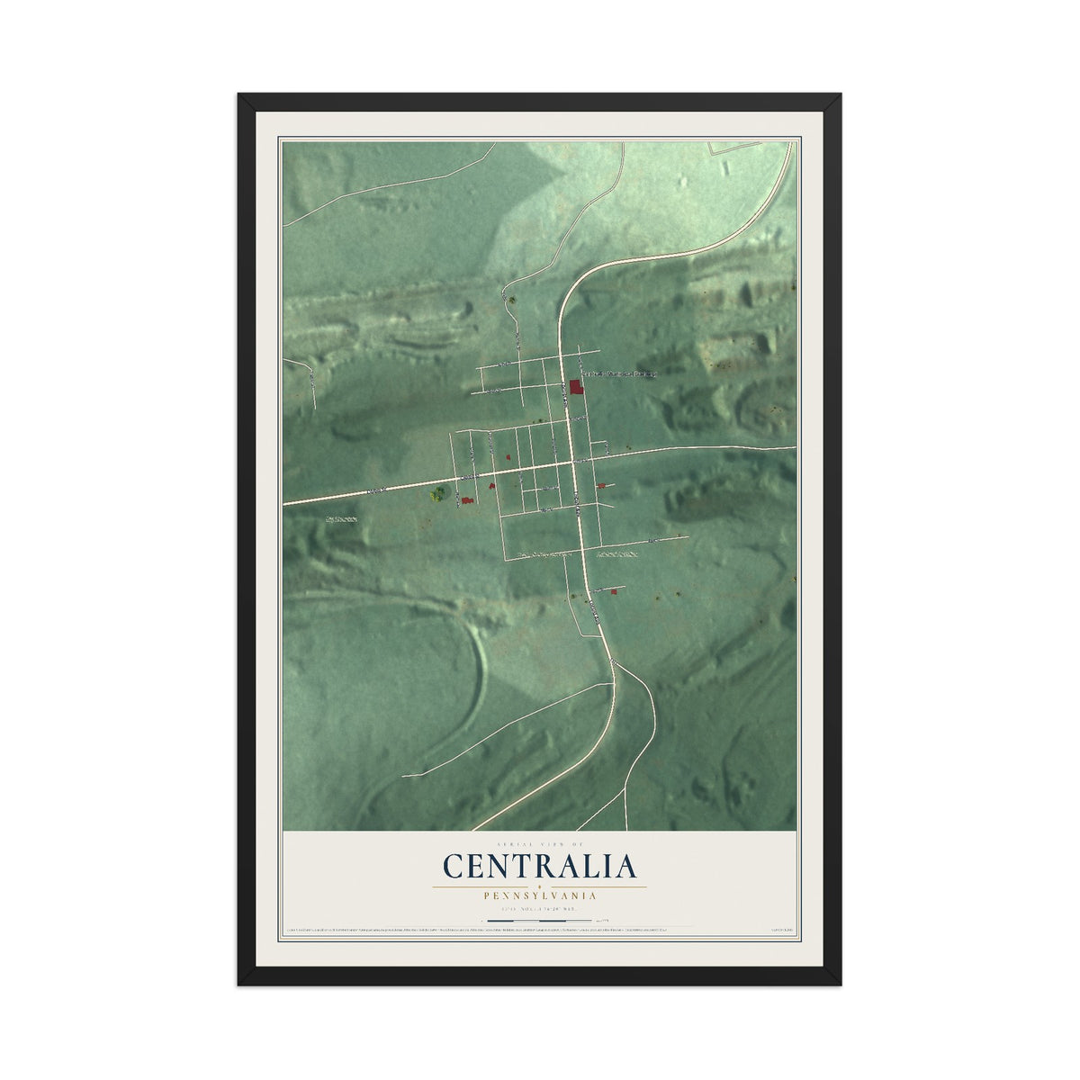 Map of Centralia, Pennsylvania, 12 x 18 inch print in a black wood frame