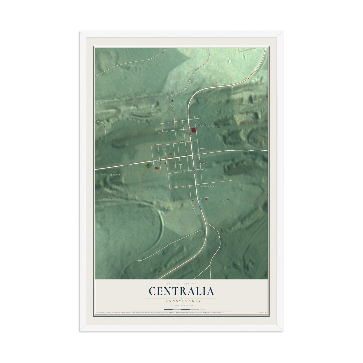 Map of Centralia, Pennsylvania, 12 x 18 inch print in a white wood frame
