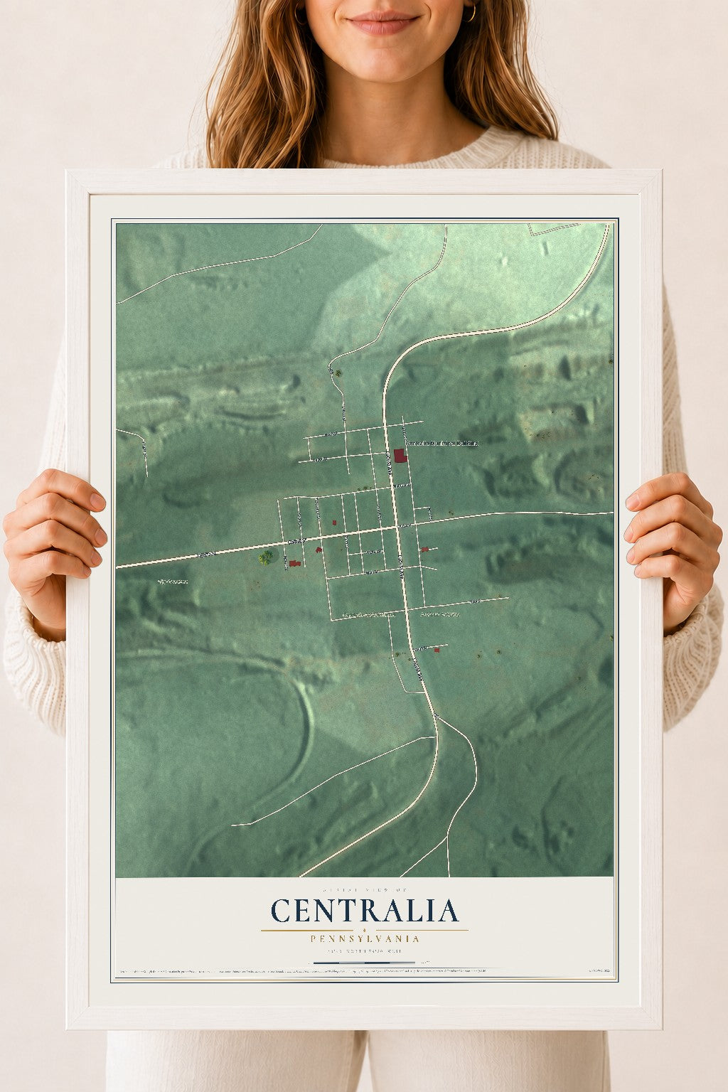 Map of Centralia, Pennsylvania, 18 x 24 inch print in a white wood frame