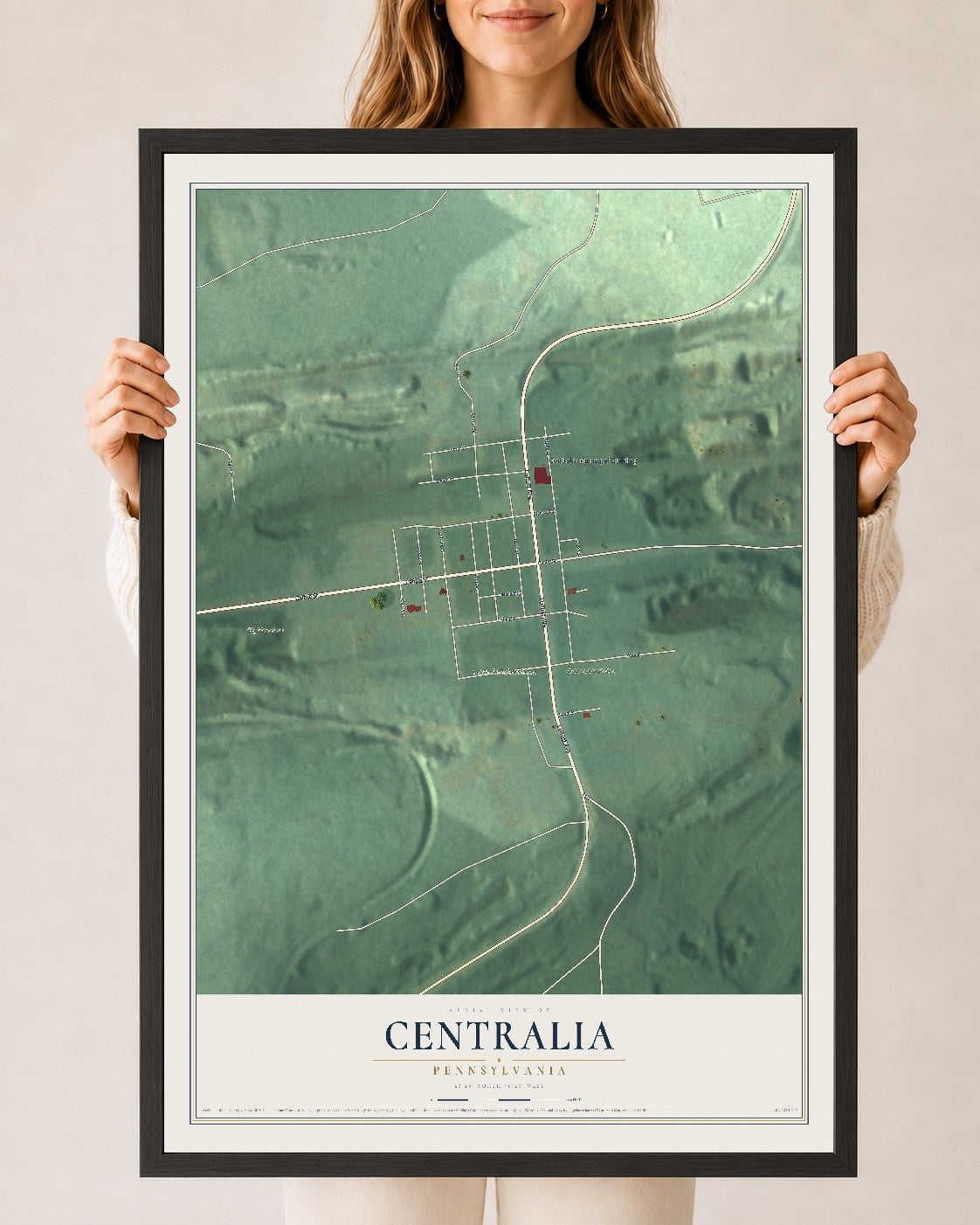Map of Centralia, Pennsylvania, 24 x 36 inch print in a black wood frame