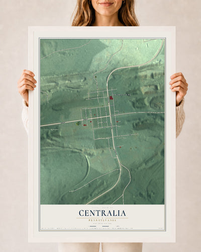 Map of Centralia, Pennsylvania, 24 x 36 inch print in a white wood frame