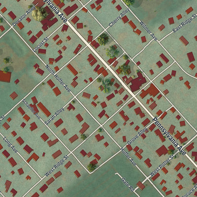 Close-up of the map of Centre Hall, Pennsylvania print showing street and building detail