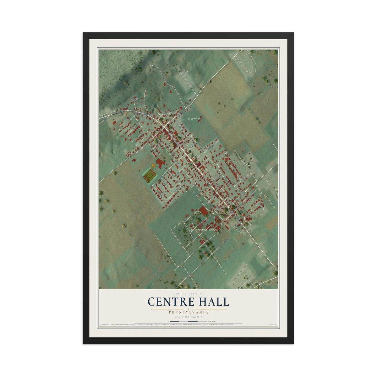 Map of Centre Hall, Pennsylvania, 12 x 18 inch print in a black wood frame