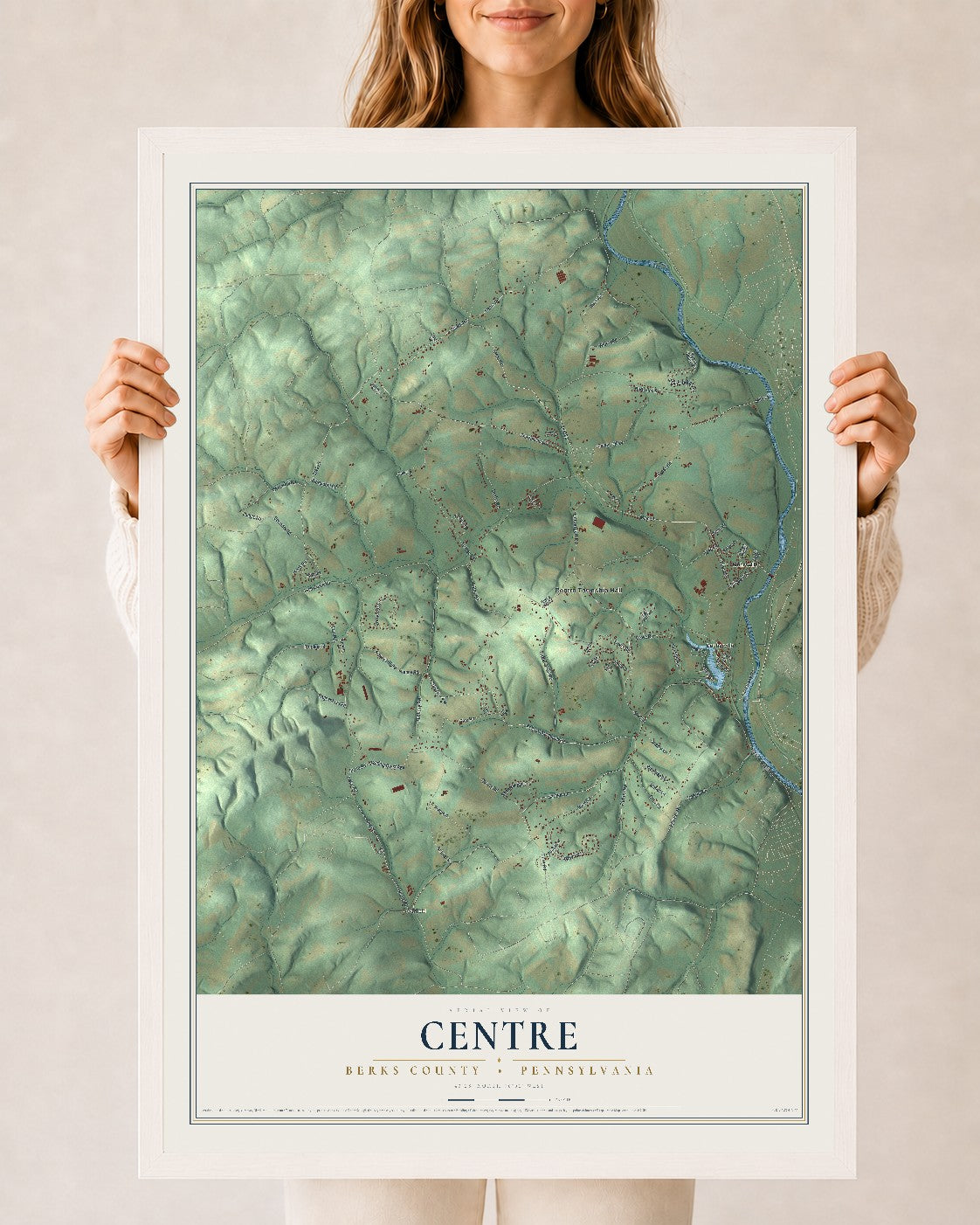 Map of Centre, Berks County, Pennsylvania, 24 x 36 inch print in a white wood frame