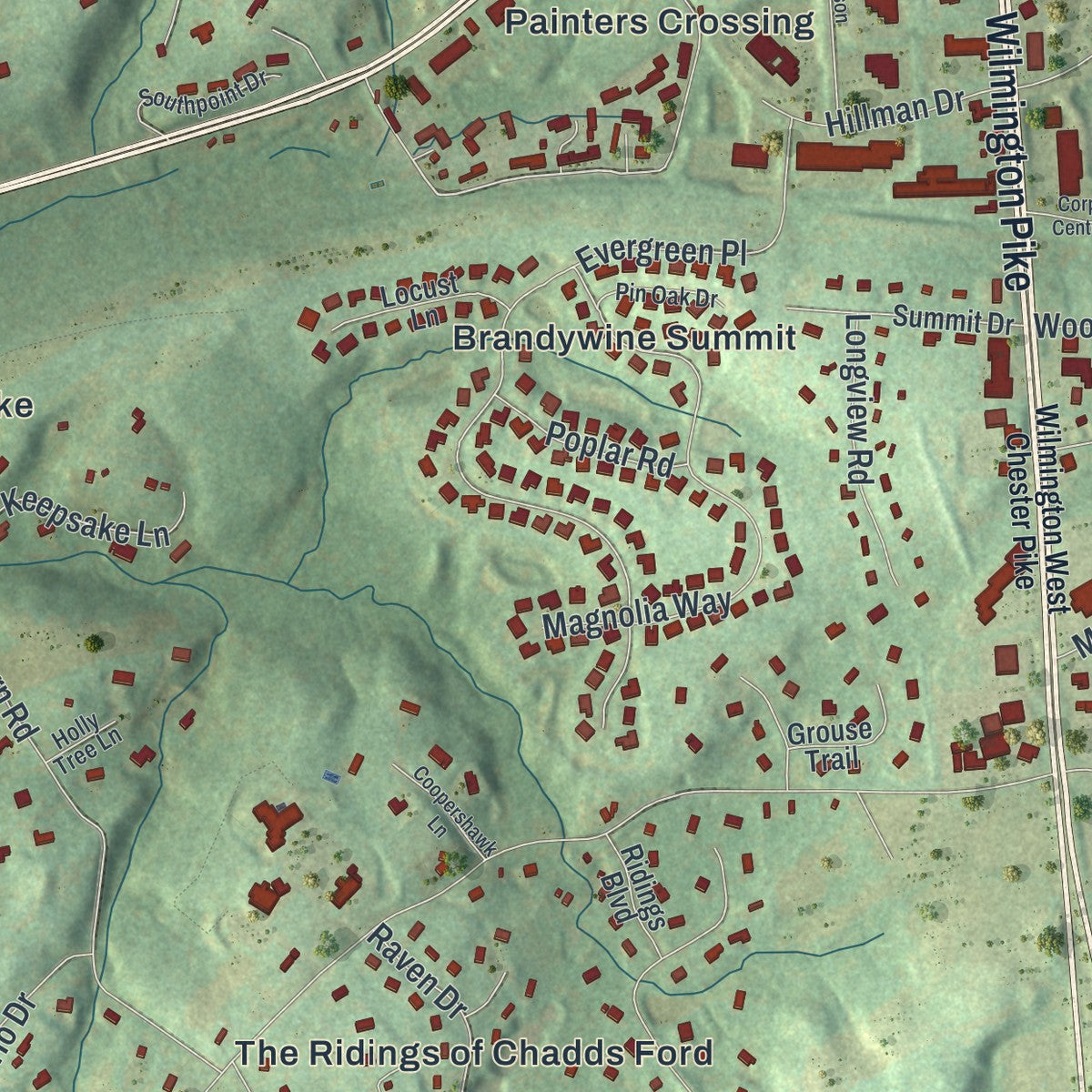Close-up of the map of Chadds Ford, Pennsylvania print showing street and building detail