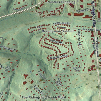 Close-up of the map of Chadds Ford, Pennsylvania print showing street and building detail