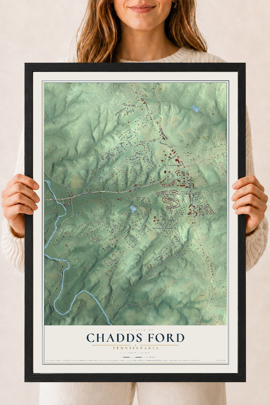 Map of Chadds Ford, Pennsylvania, 18 x 24 inch print in a black wood frame
