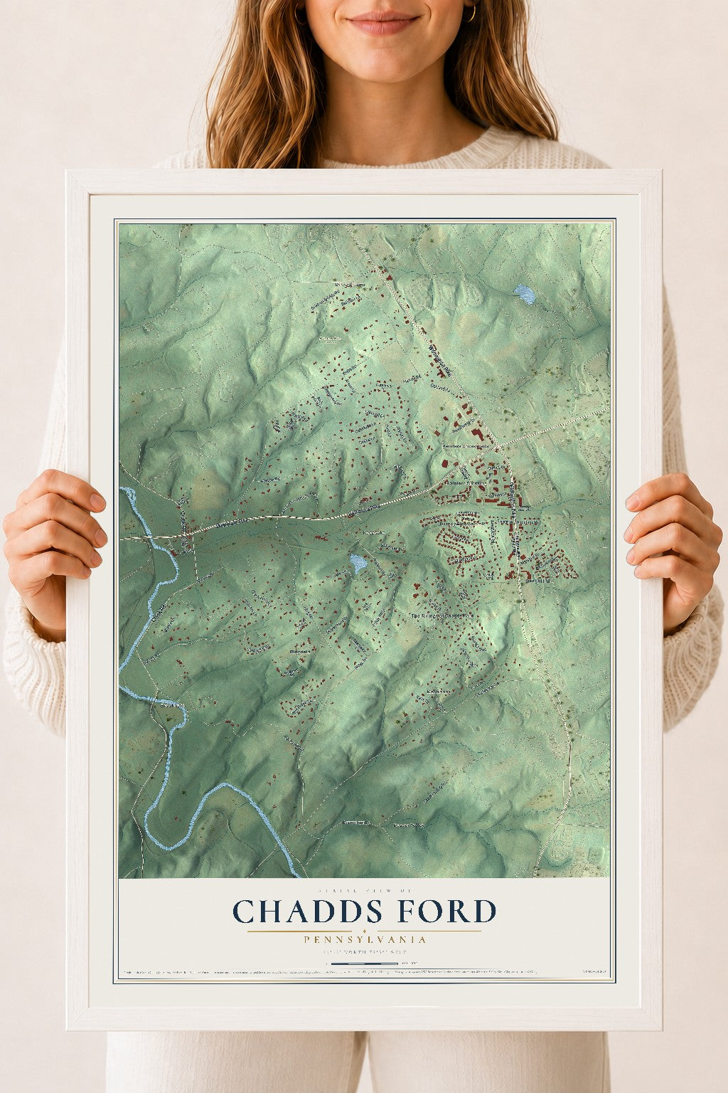 Map of Chadds Ford, Pennsylvania, 18 x 24 inch print in a white wood frame