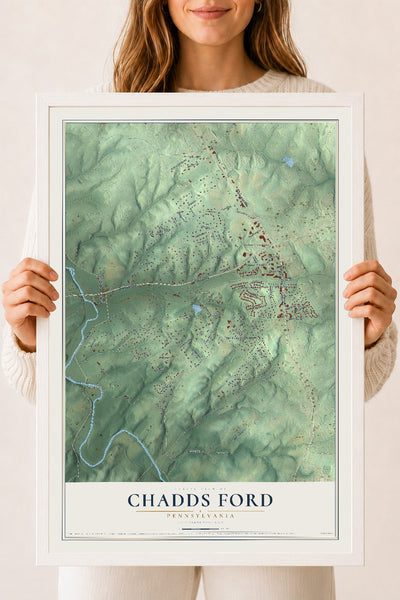 Map of Chadds Ford, Pennsylvania, 18 x 24 inch print in a white wood frame