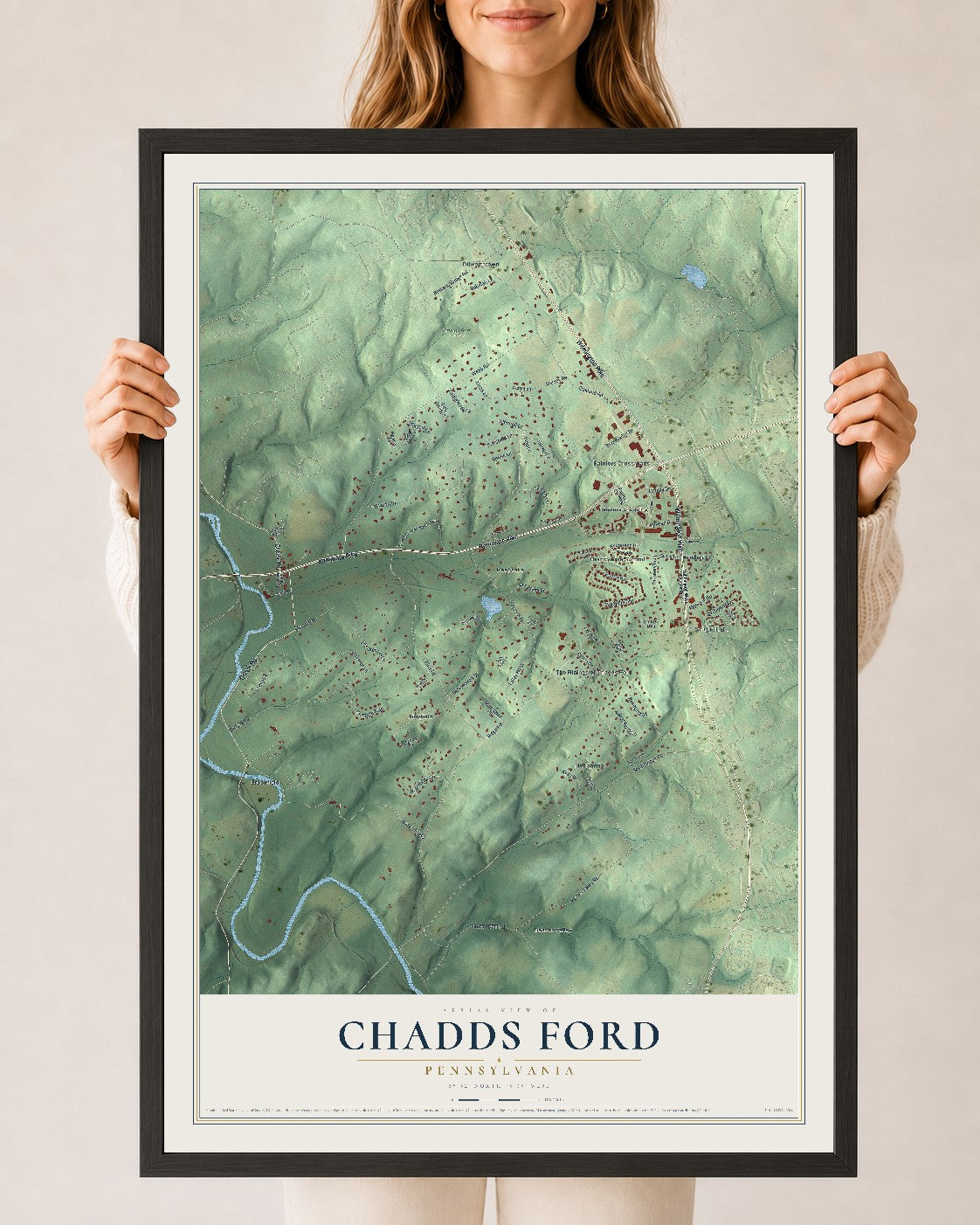 Map of Chadds Ford, Pennsylvania, 24 x 36 inch print in a black wood frame