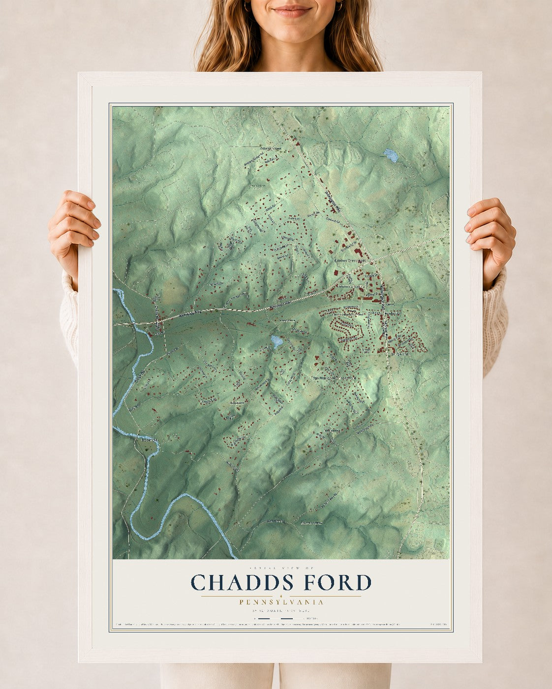 Map of Chadds Ford, Pennsylvania, 24 x 36 inch print in a white wood frame