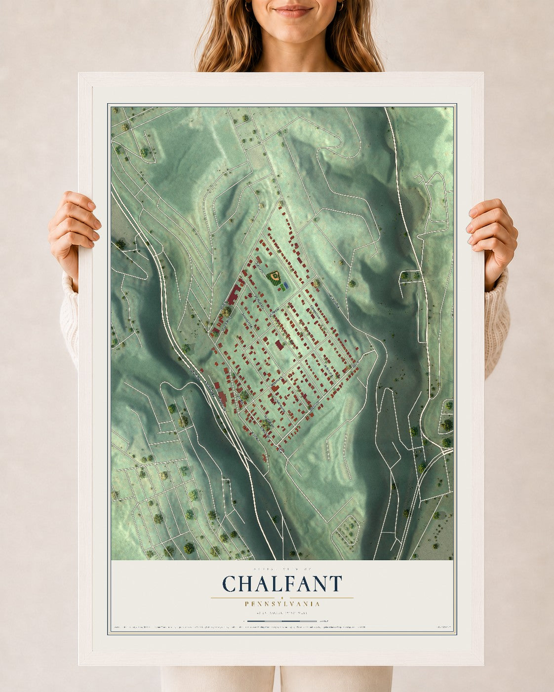Map of Chalfant, Pennsylvania, 24 x 36 inch print in a white wood frame