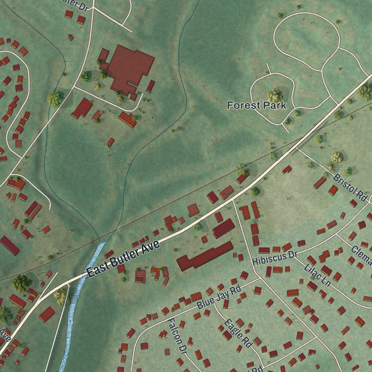 Second close-up of the map of Chalfont, Pennsylvania print showing more streets and buildings