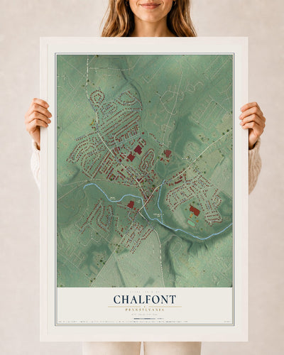 Map of Chalfont, Pennsylvania, 24 x 36 inch print in a white wood frame
