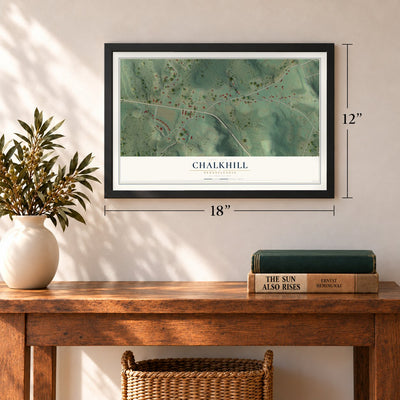 Chalkhill, Pennsylvania map, 12 x 18 inch print in a black frame in an entryway