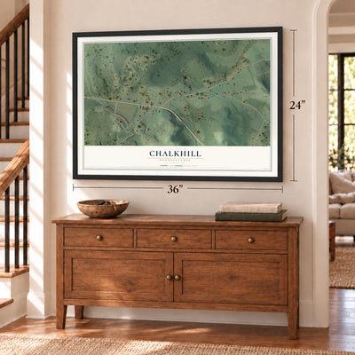 Chalkhill, Pennsylvania map, 24 x 36 inch print in a black frame above a dresser by a staircase