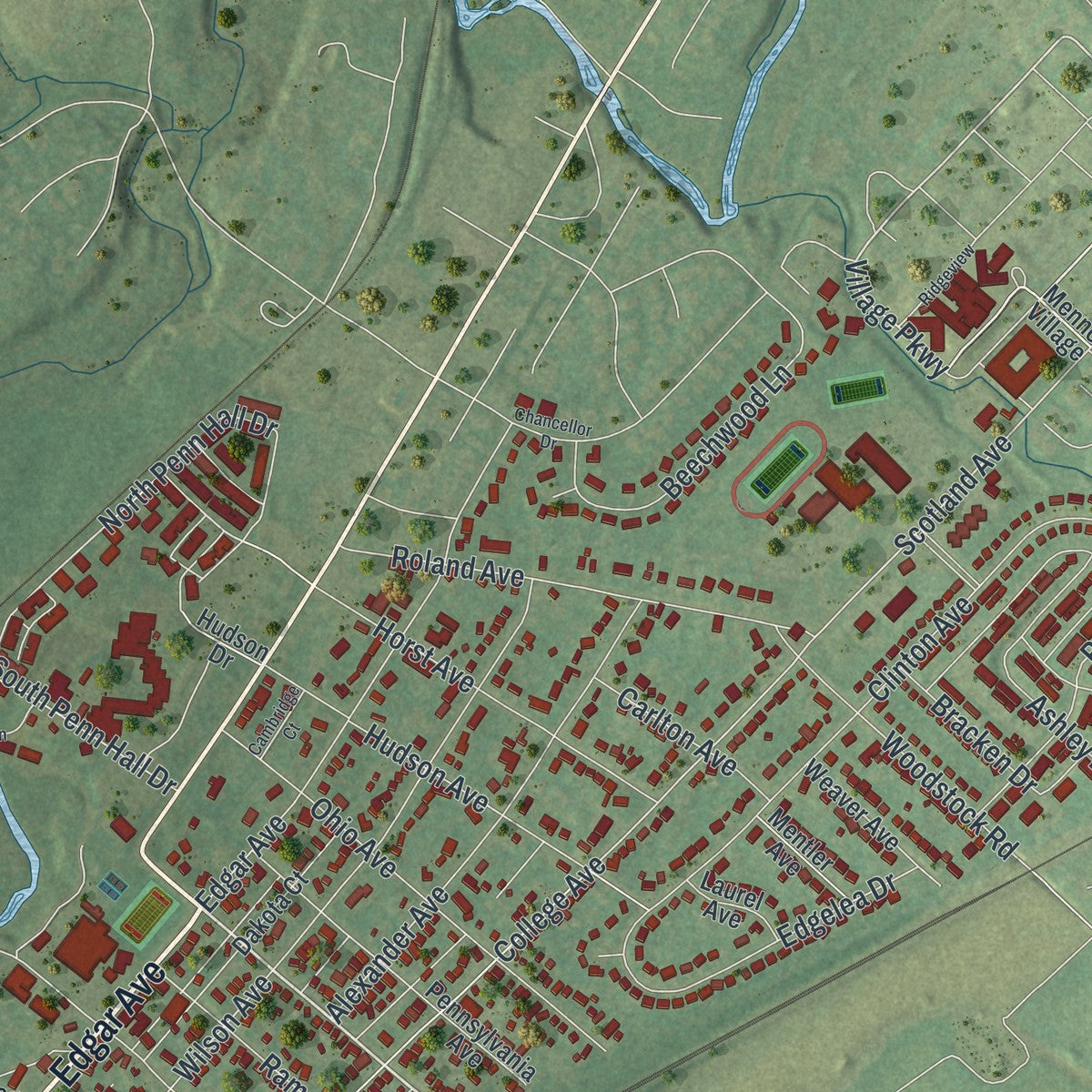 Second close-up of the map of Chambersburg, Pennsylvania print showing more streets and buildings