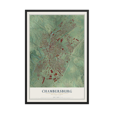 Map of Chambersburg, Pennsylvania, 12 x 18 inch print in a black wood frame