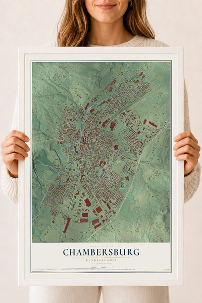 Map of Chambersburg, Pennsylvania, 18 x 24 inch print in a white wood frame