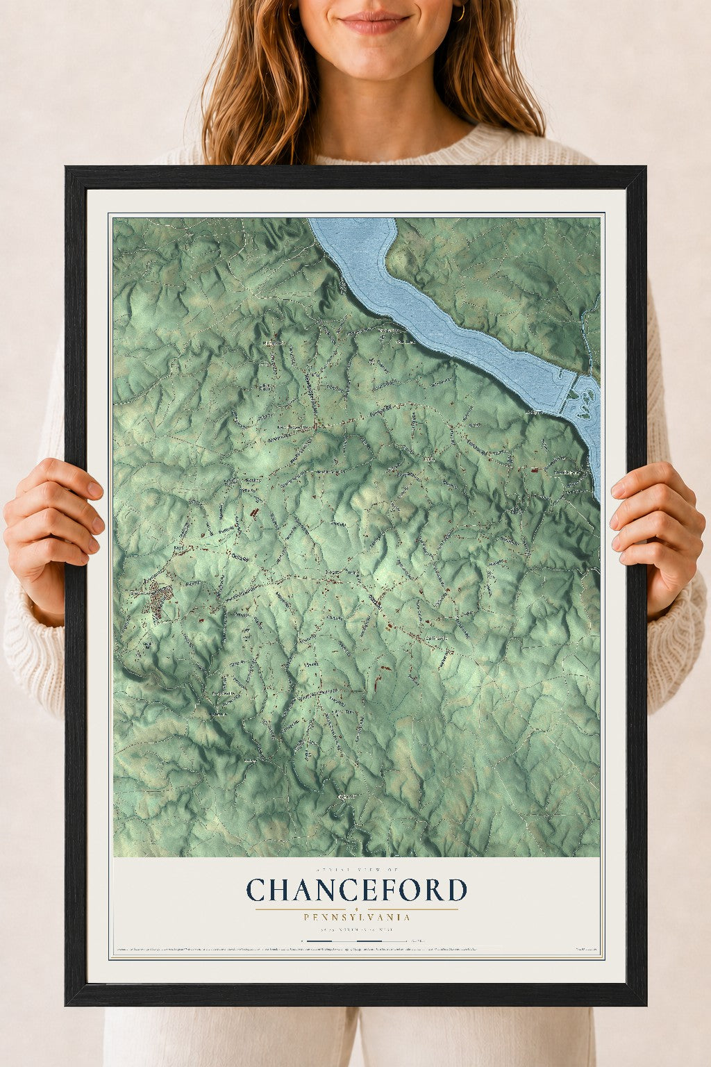 Map of Chanceford, Pennsylvania, 18 x 24 inch print in a black wood frame